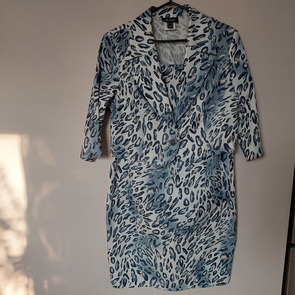 Vintage Nueva Dress  Blazer Suit 2-PC Set Blue Leopard Pattern, Size 18 Canada